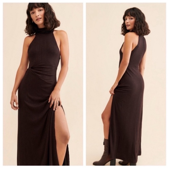 🆕 Whimsigoth Free People ATHEA Maxi Dress Brown Stretch Slip Sexy Slit Layer - Picture 15 of 15